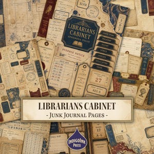 May include: A collection of vintage-style paper sheets featuring library-themed ephemera, including overdue notices, catalogue cards, and book plates in shades of cream, navy blue, and deep red, with the text LIBRARIANS CABINET JUNK JOURNAL PAGES.