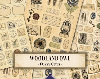 May include: A collection of vintage-style paper ephemera featuring illustrations of owls, feathers, moths, lanterns, keys, and compasses on aged parchment backgrounds. The sheets include various labels, stamps, and tags with text like Woodland Owl.