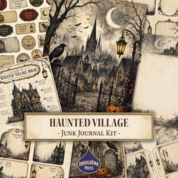 Haunted Village Junk Journal Kit, Halloween Ephemera, Gothic Journal, Fussy Cut, Haunted House, Printable Digital Download