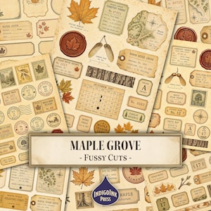May include: A collection of vintage-style paper ephemera featuring maple leaves, forestry permits, maps, calendars, and postage stamps with the text Maple Grove Fussy Cuts and IndigoInk Press. The designs include botanical illustrations and labels.
