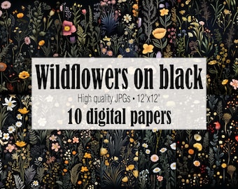 Wildblumen Muster Schwarz Dunkel Blumen Digitales Papier, Vintage Blumen Junk Journal Seiten, Florale Tapete, Scrapbooking Hintergrund
