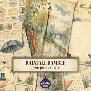 May include: A Rainfall Ramble junk journal kit featuring vintage-style paper sheets with watercolor illustrations of rainy park scenes, street lamps, umbrellas, rain boots, and bridge motifs, all set against a weathered, aged parchment background.