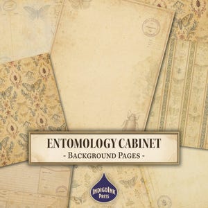Puede incluir: Una colección de hojas de papel de estilo vintage con temas de entomología que incluyen ilustraciones de mariposas, escarabajos e insectos. Las páginas presentan texturas de pergamino envejecido, patrones de damasco y diseños a rayas con el texto ENTOMOLOGY CABINET - BACKGROUND PAGES -.