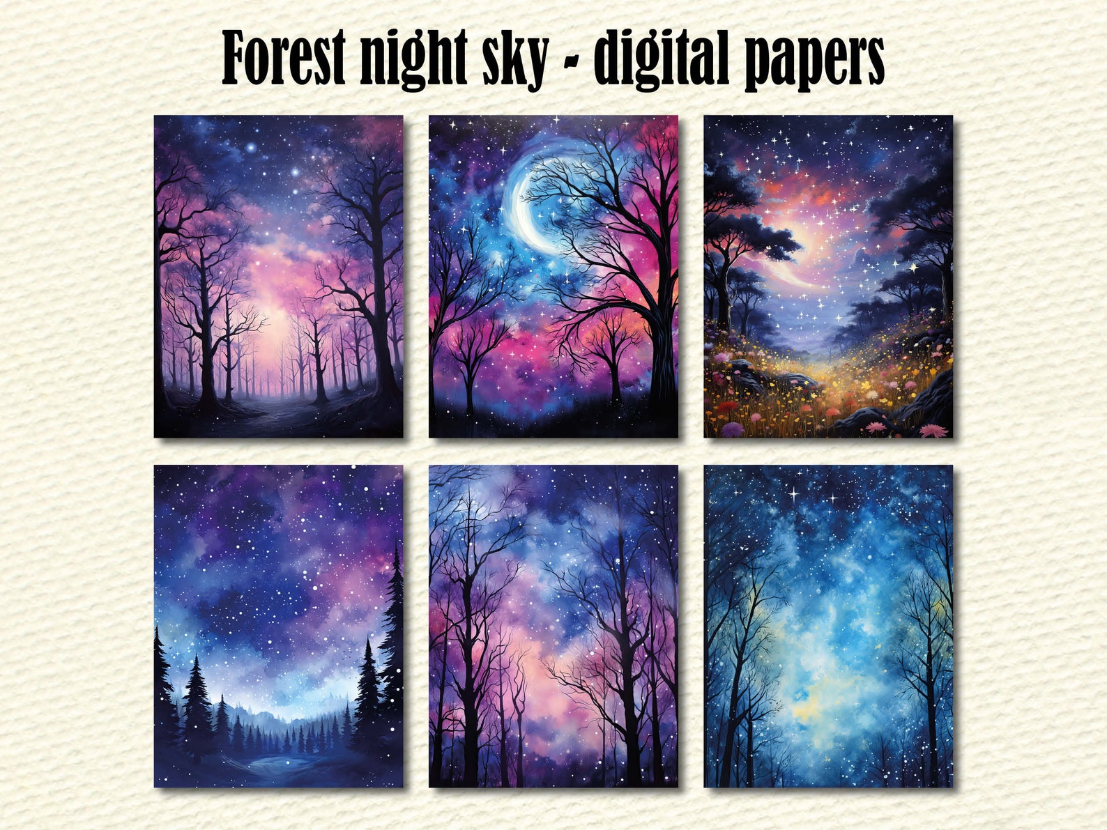 Magical Forest Starry Night Sky Paper, Under the Stars Papers Galaxy ...