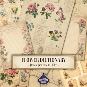 Könnte beinhalten: Ein Flower Dictionary Junk-Journal-Set mit Papierbögen im Vintage-Stil, die botanische Illustrationen von Rosen, Duftwicken und Stiefmütterchen zeigen. Die Seiten enthalten linierte Schreibbereiche, Referenztabellen und gealterte Pergamenttexturen.