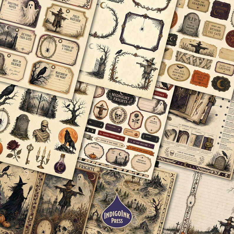 Midnight Frights Junk Journal Kit, Halloween Ephemera, Witch Journal, Botanical Labels, Gothic Scarecrow Graveyard, Printable Digital image 3