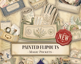 May include: A collection of vintage-style paper ephemera featuring illustrated garden pockets, seed merchant boxes, gardening gloves, botanical labels, and floral accents. The set includes a red wax seal graphic and text reading PAINTED FLIPOUTS - MAGIC POCKETS.