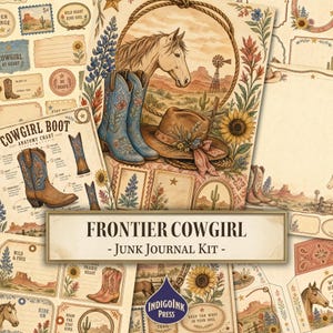 May include: A Frontier Cowgirl Junk Journal Kit featuring vintage-style paper ephemera with illustrations of cowboy boots, horses, sunflowers, cacti, and desert landscapes. The collection includes an anatomy chart of a boot and text labels.