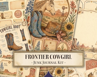 Frontier Cowgirl Junk Journal Kit, Botanical Ephemera, Luggage Tag, Cowgirl Hat, Floral Embroidery, Printable Digital Download