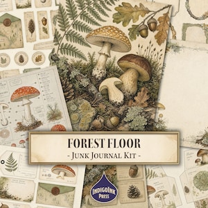 Puede incluir: Un kit de diario creativo Forest Floor con ilustraciones botánicas de setas, helechos, hojas de roble y bellotas sobre papel color crema. La colección incluye varias páginas impresas con diagramas, etiquetas y gráficos de temática natural en tonos tierra.