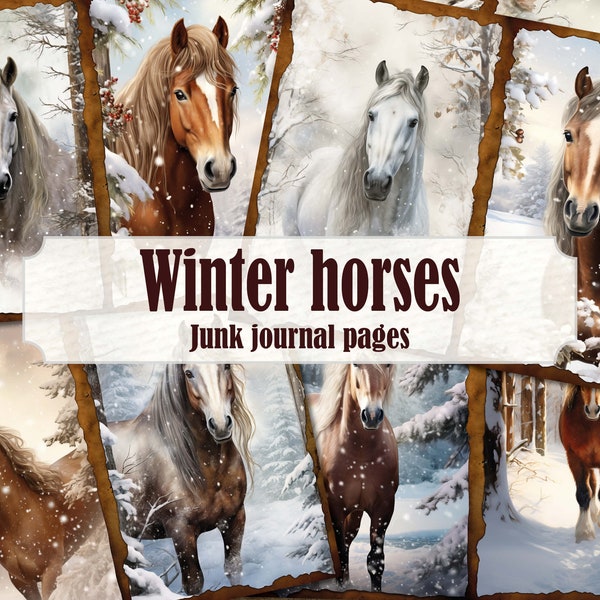 Winter Wonderland Horse Junk Journal Pages, Winter Scene Wild Horse Portrait Diary, Horse Picture Equestian Journal Scrapbook Ephemera