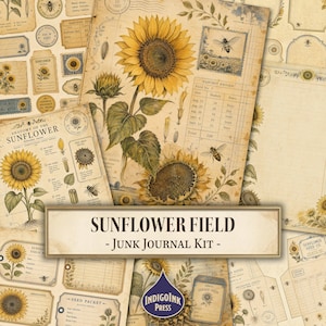 May include: A Sunflower Field junk journal kit featuring vintage-style paper sheets with botanical illustrations of sunflowers, bees, and harvest records. The collection includes various labels, seed packet designs, and notes with aged, sepia-toned textures.