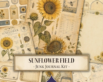 Op de afbeelding: Een Sunflower Field junk journal kit met vintage-stijl vellen papier voorzien van botanische illustraties van zonnebloemen, bijen en oogstgegevens. De collectie bevat diverse labels, ontwerpen voor zaadzakjes en notitieblaadjes met verouderde texturen.