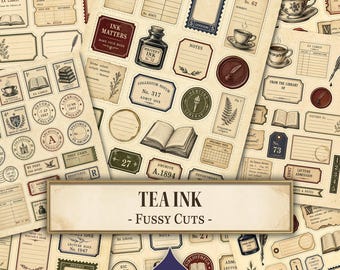May include: A collection of vintage-style paper ephemera featuring various labels, library cards, postage stamps, and book illustrations in sepia tones. The sheet includes text such as "INK MATTERS," "TEA INK - FUSSY CUTS," and "INDIGO PRESS."