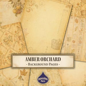 Peut inclure: Une collection de pages de fond numériques au style vintage avec des illustrations sépia de pommes, de paniers et de feuilles d'automne. Les pages incluent des lignes de registre, des timbres postaux et du texte. Une étiquette indique AMBER ORCHARD - Background Pages.