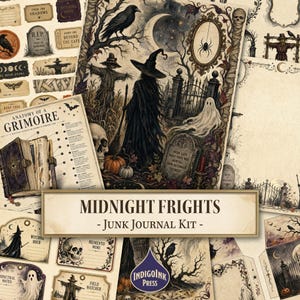 Midnight Frights Junk Journal Kit, Halloween Ephemera, Witch Journal, Botanical Labels, Gothic Scarecrow Graveyard, Printable Digital image 1