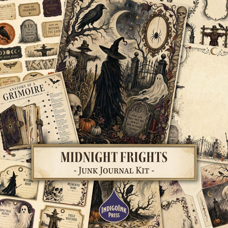 Midnight Frights Junk Journal Kit, Halloween Ephemera, Witch Journal, Botanical Labels, Gothic Scarecrow Graveyard, Printable Digital image 1