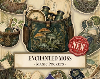 May include: A collection of digital stickers featuring a dark green satchel with mushroom illustrations, a bird nest with eggs, a compass, binoculars, a glass bottle, and a red wax seal with the text NEW. The central text reads ENCHANTED MOSS - MAGIC POCKETS -.