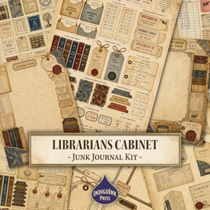 May include: A collection of vintage-style paper ephemera featuring library-themed designs, including call slips, overdue notices, book spines, and tags with wax seals. The text LIBRARIANS CABINET - JUNK JOURNAL KIT - is centered in a rectangular frame.