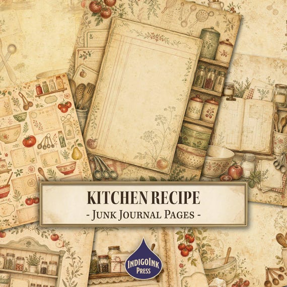 Kitchen Recipe Junk Journal Pages, Vintage Cookbook, Grandma's Kitchen, Recipe Book, Recipe Binder, Printable Papers, Digital Download