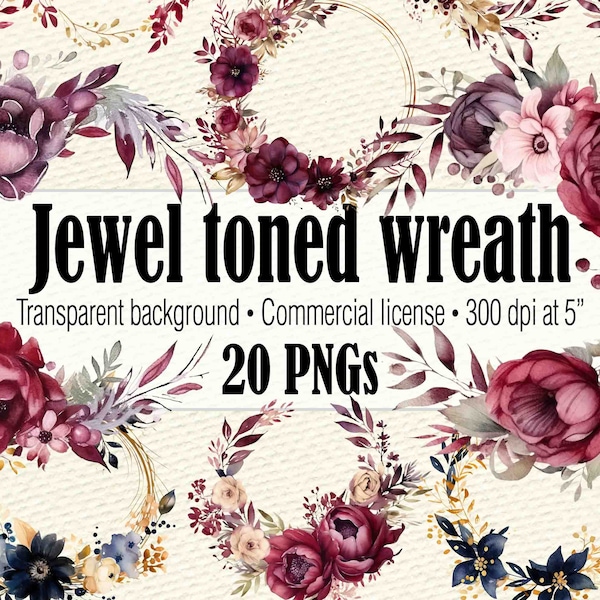 Watercolor Jewel Tone Floral Clipart, Jewel Tone Wedding Clipart, Floral Wreath PNG, Flower Wreath PNG, Wreath Clipart