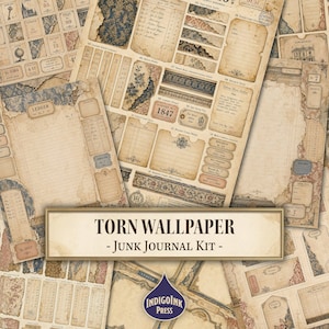 May include: A junk journal kit featuring sheets of paper with torn edges, vintage ledger designs, floral patterns, and architectural motifs in beige, brown, and blue. The text TORN WALLPAPER - JUNK JOURNAL KIT - and the IndigoInk Press logo are visible.