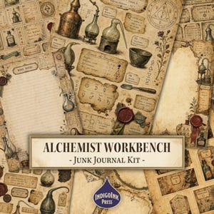 May include: A collection of vintage-style paper sheets for a junk journal kit titled Alchemist Workbench. The pages feature sepia-toned illustrations of laboratory glassware, alchemical symbols, handwritten notes, wax seals, and botanical sketches.