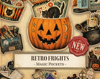 Retro Frights magiska fickor, vintage Halloween skräpjournalkit, utskrivbara efemera, journalfickor, digital nedladdning