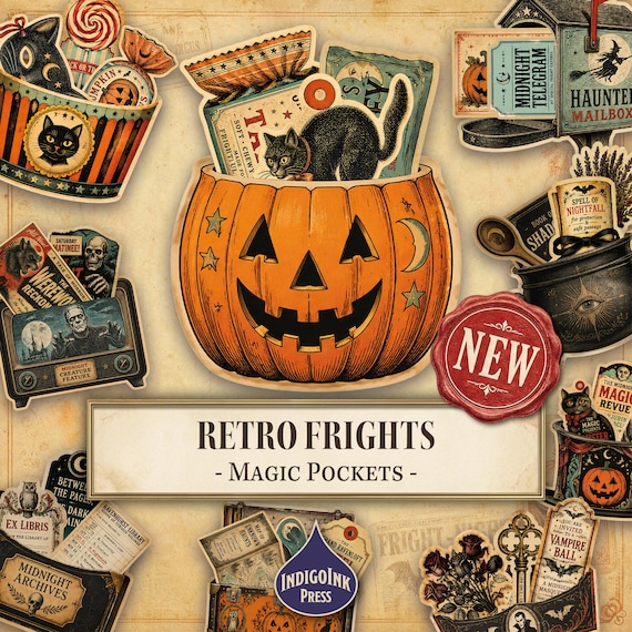 Retro Frights Magic Pockets, Vintage Halloween Junk Journal Kit, Printable Ephemera, Journal Pockets, Digital Download