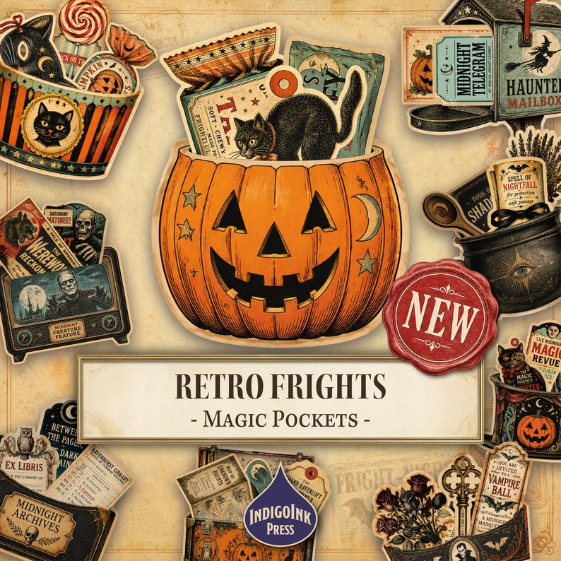 Retro Frights Magic Pockets, Vintage Halloween Junk Journal Kit, Printable Ephemera, Journal Pockets, Digital Download image 1
