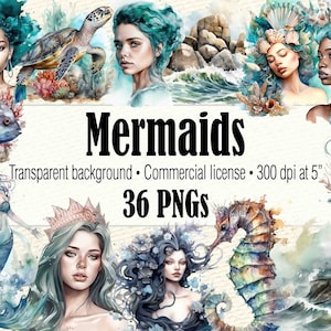 Watercolor Mermaid Clipart, Mermaid PNG, Sea Life Clipart, Underwater Clipart, Coral Clipart, Sea Shell Clipart, Black Mermaid Clip Art