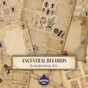Kit per diario di ricordi ancestrali, diario di storia familiare, album di lignaggio, sigillo di cera, fiore pressato, pagine di registro, stampabile digitale