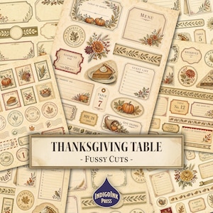 Thanksgiving Table Fussy Cuts, Thanksgiving Menu, Harvest Table, Place Cards, Menu Card, Antique Brass, Printable Ephemera, Digital Download image 1