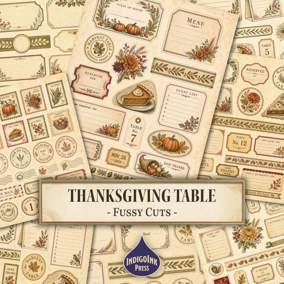Thanksgiving Table Fussy Cuts, Thanksgiving Menu, Harvest Table, Place Cards, Menu Card, Antique Brass, Printable Ephemera, Digital Download