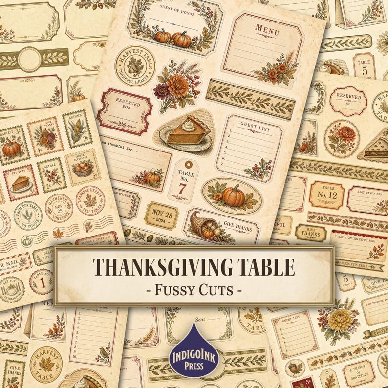Thanksgiving Table Fussy Cuts, Thanksgiving Menu, Harvest Table, Place Cards, Menu Card, Antique Brass, Printable Ephemera, Digital Download image 1