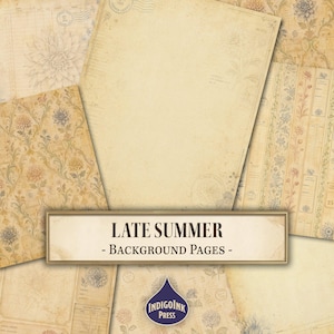 Peut inclure: Une collection de feuilles de papier au style vintage dans des tons beige, crème et sépia, ornées de motifs floraux, de lignes de registre et de timbres postaux. Une étiquette rectangulaire centrale porte le texte LATE SUMMER - BACKGROUND PAGES -.