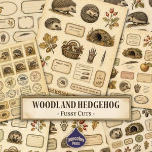 May include: A collection of vintage-style paper ephemera featuring illustrations of hedgehogs, mushrooms, acorns, and forest elements. The sheets include labels, postage stamps, and field notes with text such as Woodland Hedgehog, Forest Finds, and IndigoInk Press.