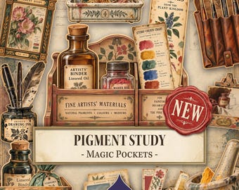 May include: A collection of vintage-style art supplies including a wooden organizer labeled Fine Artists' Materials, glass bottles of linseed oil and drawing ink, a mortar and pestle, paint brushes, and paper charts labeled Pigment Study and Natural Colours.