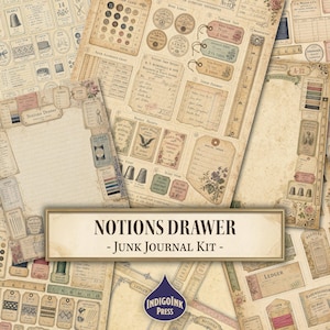 Op de afbeelding: Een junk journal kit met papier in vintage stijl, bedrukt met naai-accessoires zoals knopen, vingerhoeden, linialen, kasboekbonnen en labels. De tekst luidt Notions Drawer - Junk Journal Kit en IndigoInk Press.