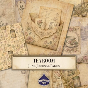 May include: A collection of vintage-style junk journal pages featuring tea room themes, floral illustrations, envelopes, and teacups in sepia tones. The text TEA ROOM - JUNK JOURNAL PAGES is centred on a rectangular label over the layered paper designs.