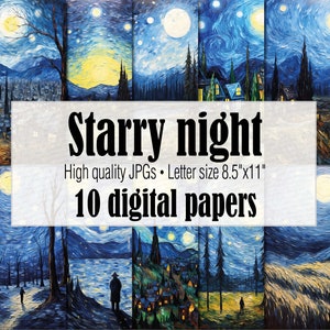 Carta per la notte stellata, Van Gogh Scarica carta digitale, Diario magico di Under The Stars Papers, Sfondo del diario spazzatura di carta del cielo notturno