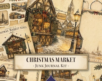 Christmas Market Junk Journal Kit, Christmas Ephemera, Winter Village, Market Stall, Christmas Lantern, Printable Digital Download