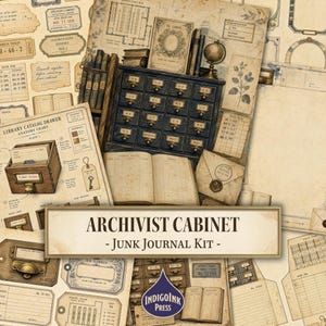 Könnte beinhalten: Ein Junk-Journal-Set mit dem Titel Archivist Cabinet, das Papier-Ephemera im Vintage-Stil enthält, darunter Illustrationen von Bibliothekskatalogen, alte Buchseiten, Leihkarten und botanische Drucke in Sepia- und gedeckten Tönen.