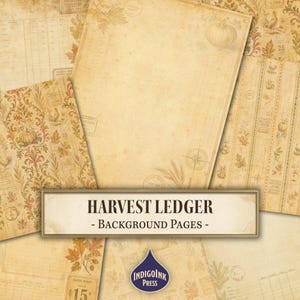 May include: A collection of digital paper sheets featuring a vintage harvest theme with beige and sepia tones. The designs include illustrations of pumpkins, autumn leaves, ledger lines, and stamps. The text reads HARVEST LEDGER - BACKGROUND PAGES.