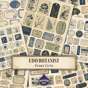 Puede incluir: Una colección de pegatinas de papel de estilo vintage con ilustraciones botánicas, caligrafía japonesa y etiquetas con el texto EDO BOTANIST - FUSSY CUTS. Los diseños incluyen flores, helechos y sellos en tonos azules, crema y verdes.