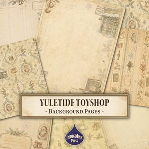 Può includere: Una collezione di fogli di carta decorativi in stile vintage nei toni del crema e del beige con illustrazioni di Babbo Natale, giocattoli, campanelle e agrifoglio. Il testo YULETIDE TOYSHOP - BACKGROUND PAGES - è centrato in una cornice.