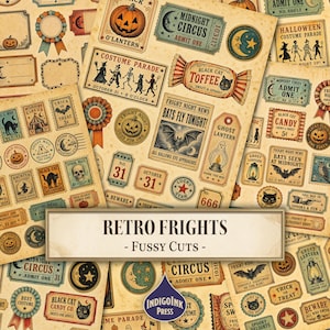 Puede incluir: Una colección de efímeros de papel de Halloween de estilo vintage con varias ilustraciones que incluyen calabazas, gatos negros, murciélagos, fantasmas y entradas de circo con el texto Retro Frights - Fussy Cuts e IndigoInk Press.