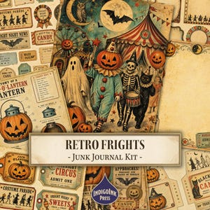 Retro Frights skräpjournalkit, Halloween-ephemera, utskrivbar vintage Halloween, mitten av århundradet Jack O'Lantern, retro Halloween, digitalt