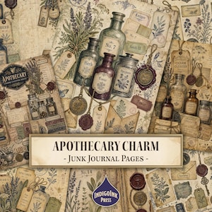 Apotekare Charm Junk Journal-sidor, Dark Academia, vaxsigill, glasflaskor, utskrivbar skräpjournal, digital nedladdning, scrapbookingpapper