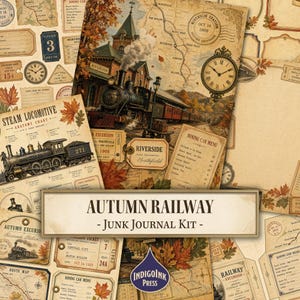 May include: A junk journal kit titled Autumn Railway featuring vintage-style paper ephemera with steam locomotive illustrations, maps, dining car menus, train tickets, clocks, and autumn leaves in warm sepia, brown, and orange tones.